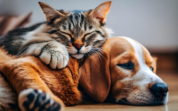 テーブルの上で寄り添う猫と犬。