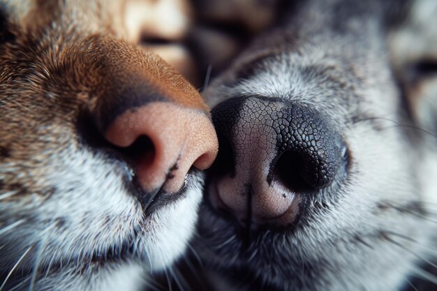 Photo cat and dog next to each other gently touch their noses