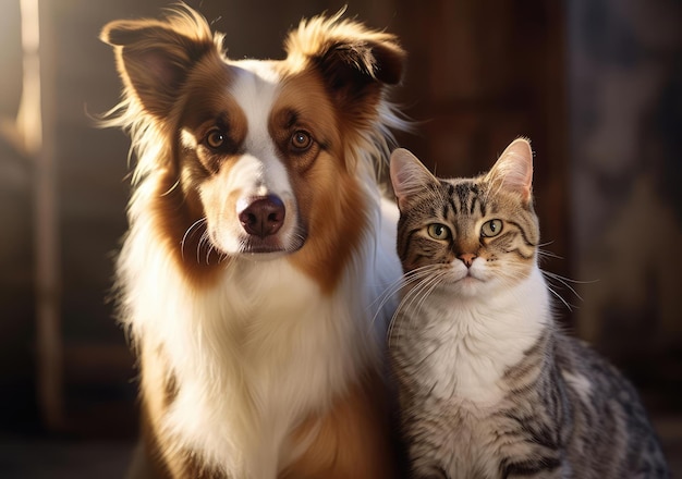 隣り合った猫と犬