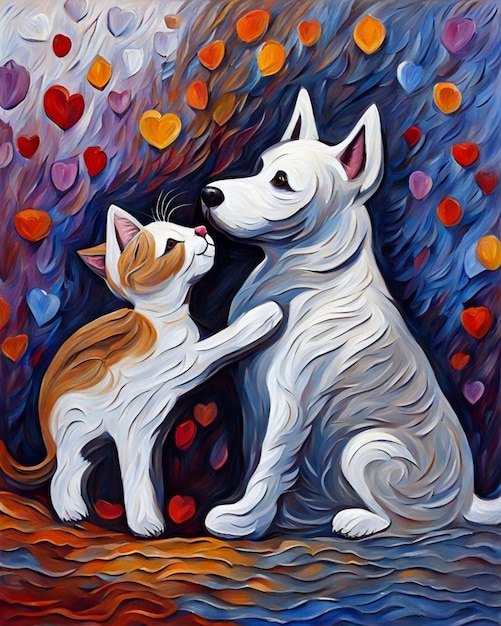 猫と犬の友達のキス イラスト デジタル絵画 深いブラシ ストローク