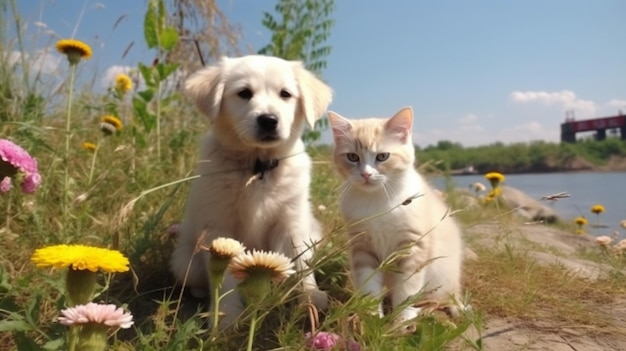 猫と犬の面白いかわいい子犬と子猫に座る海の水の海の水のしぶきで日没の自然に遊ぶ