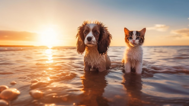 고양이와 개 재미있는 귀여운 강아지와 새끼 고양이 일몰 자연에 바다 물 스플래시 바다 물에 앉아 재생