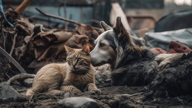 A cat and a dog huddle together in a war zone seeking comfort Generative AI