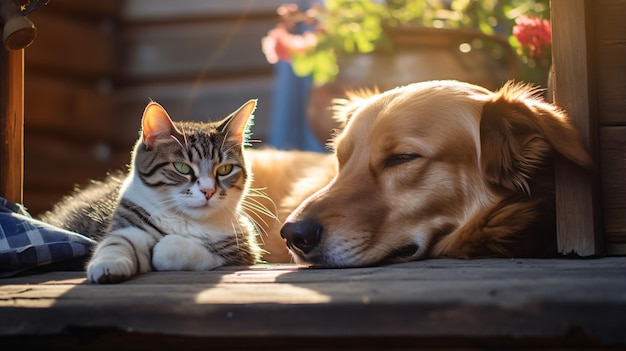 a cat and dog laying on the ground