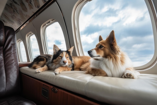 Cat and dog lounging in cabin of private jet with view of the clouds created with generative ai