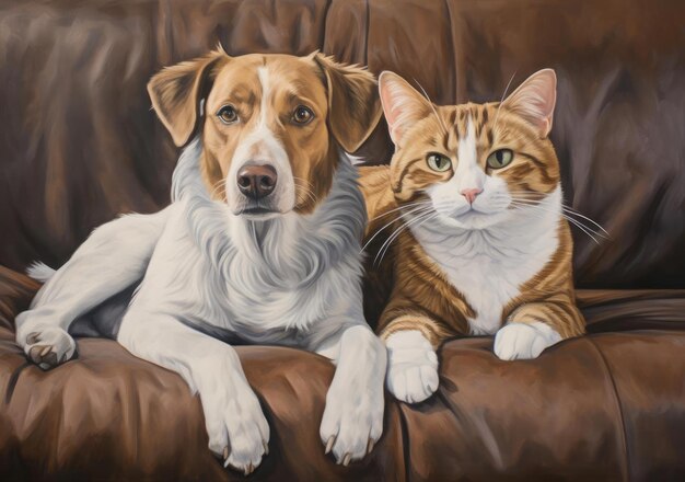 Cat and dog lying on the couch