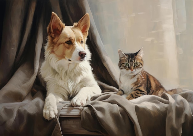 ソファに横たわる猫と犬