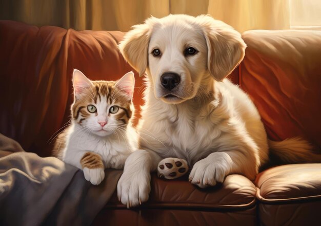 Cat and dog lying on the couch