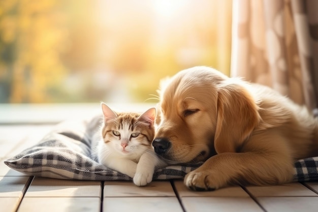 室内の床に枕を置いて寝そべる猫と犬