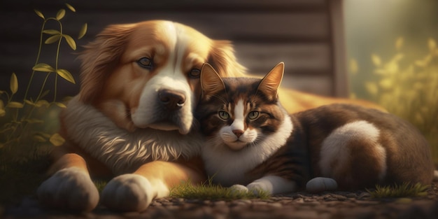 Cat and dog lying together on the ground with AI generated