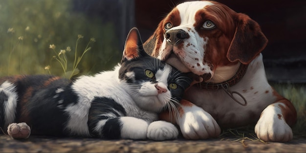 Cat and dog lying together on the ground with AI generated