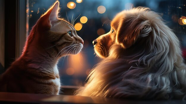 Photo cat and dog observing fireworks from the window colorful generative ai