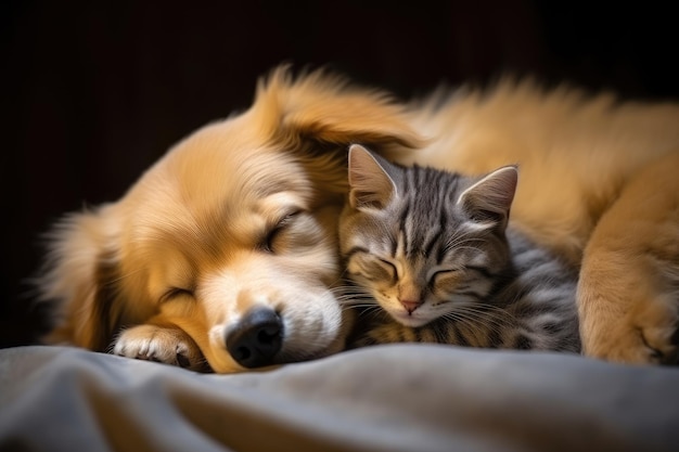 A cat and a dog peacefully sleeping beside each other A young kitten and puppy curling up together f...