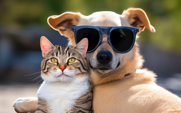 Cat and dog pets friends in sunglasses outdoors generative ai