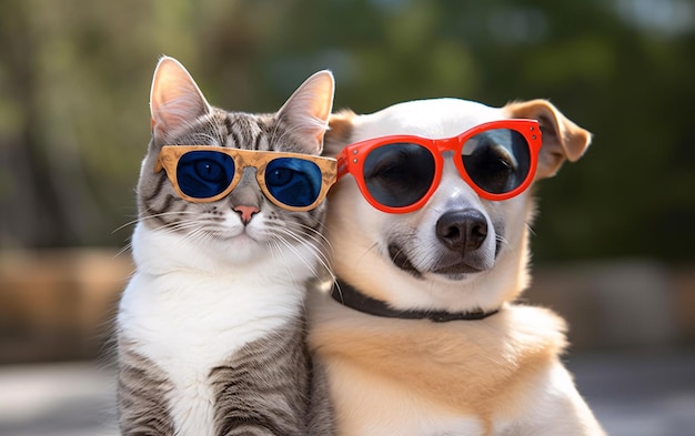 Cat and dog pets friends in sunglasses outdoors generative ai