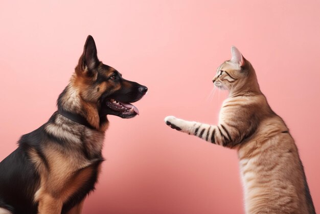 Photo cat and dog on pink background two animals friends feline shot generate ai