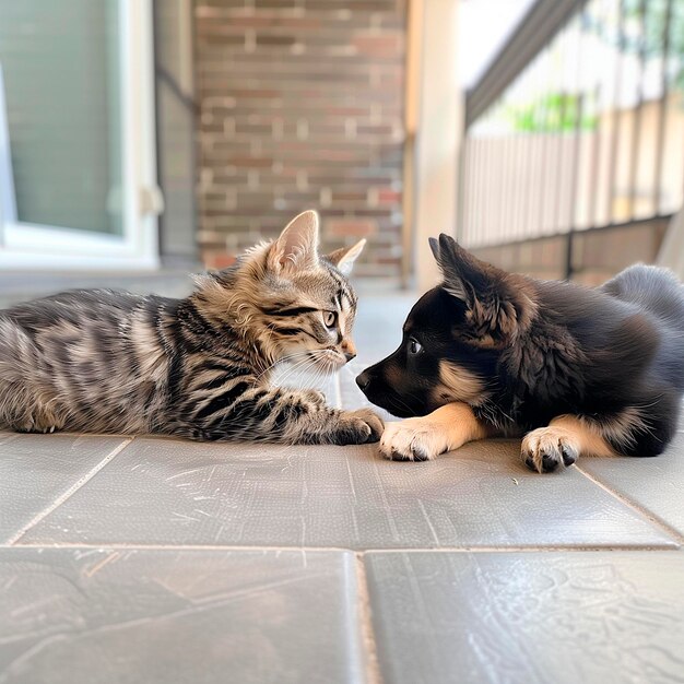 Foto gatto e cucciolo di cane che si guardano