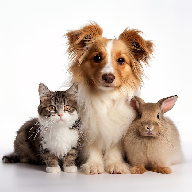 Foto il coniglio gatto-cane e il criceto insieme