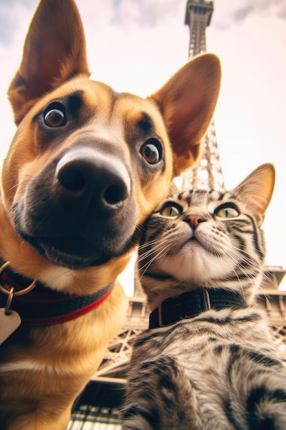 A cat and dog selfie atop the Eiffel Tower in France Generative AI