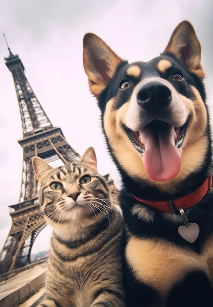 ジェネレーティブ AI で生成されたフランスのエッフェル塔の上で猫と犬の自撮り画像