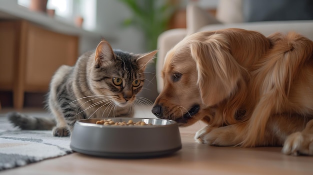 Foto gatto e cane che condividono un pasto un momento di armonia tra animali domestici