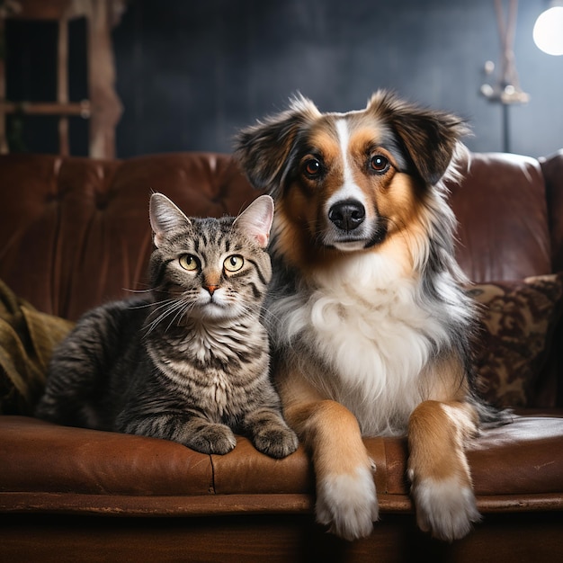 고양이와 개가 개와 함께 소파에 앉아 있습니다.