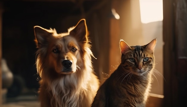 A cat and dog sit in front of a window