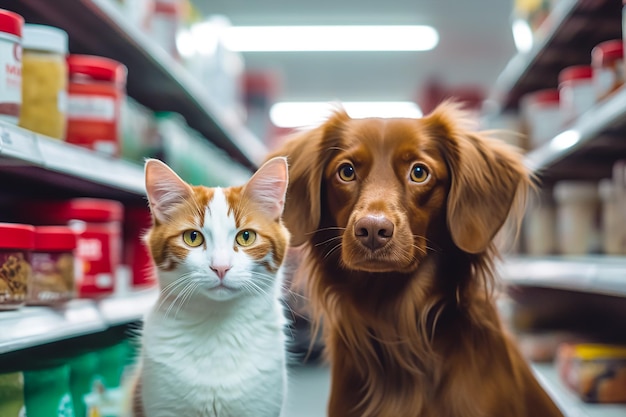 A cat and dog sit in a store with a shelf full of boxes full of cat supplies.