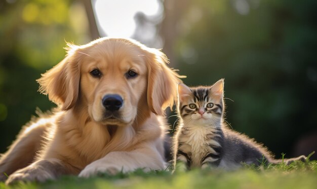 cat and dog sit together in grasss