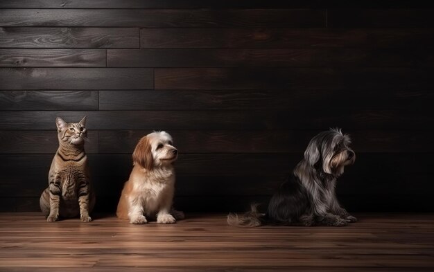 A cat and dog sit on a wooden floor in front of a dark background.