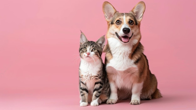 Cat and dog sitting together on pink background