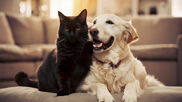 Cat and dog sitting together