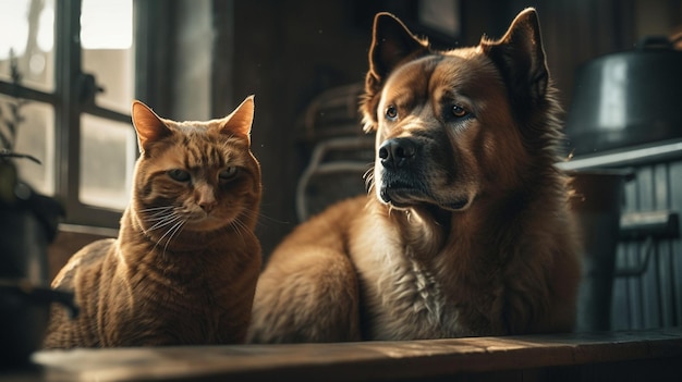 Cat and dog sitting on the window sill at homegenerative ai