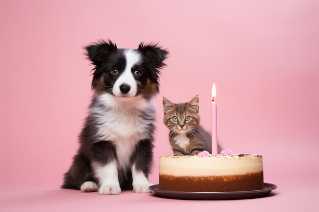 猫と犬がピンクの背景で誕生日パーティーを祝う1年目のキャンドルでケーキと一緒に座っている