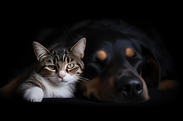 Кошка и собака спят вместе.