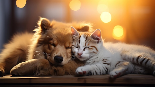 Cat and dog sleep together