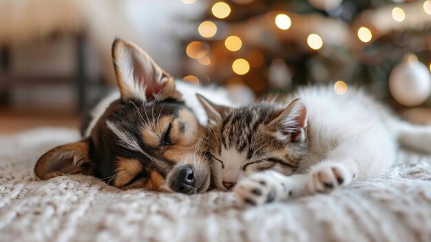 Cat and Dog Sleeping Puppy and Kitten Nap in Peaceful Home