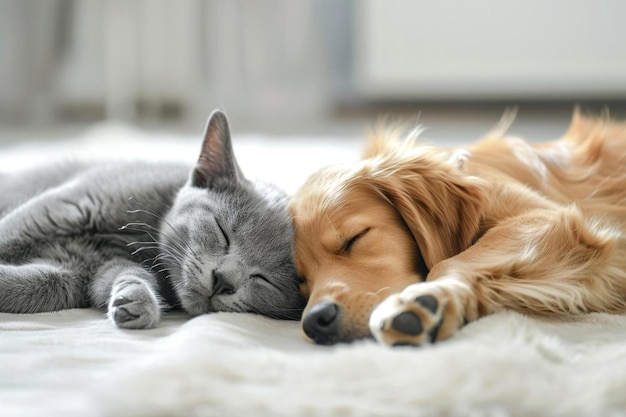 a cat and a dog sleeping together on a bed