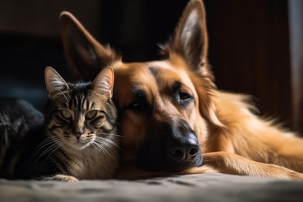 Cat and dog sleeping together Generative AI