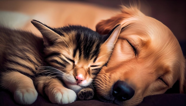 Cat and dog sleeping together Kitten and puppy taking nap Home pets Love and friendship