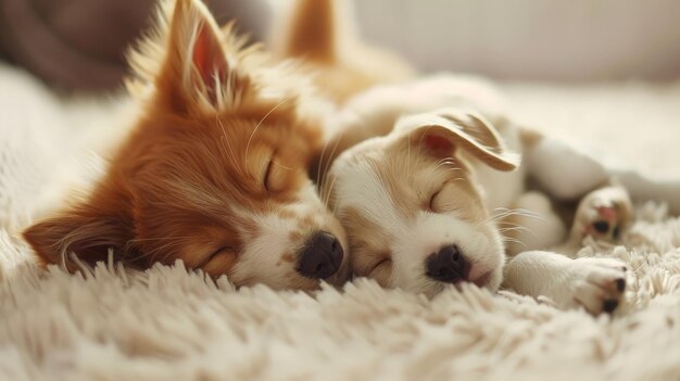 Photo cat and dog sleeping together kitten and puppy taking nap love and friendship generative ai