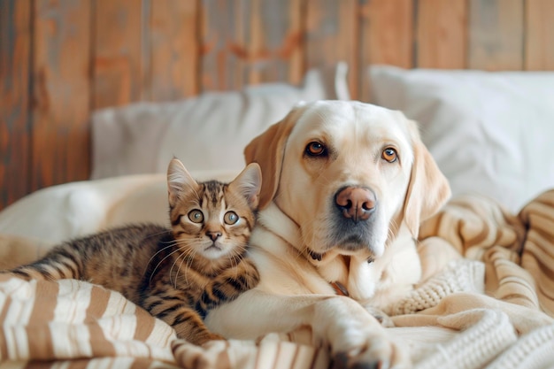 Кошка и собака на диване.