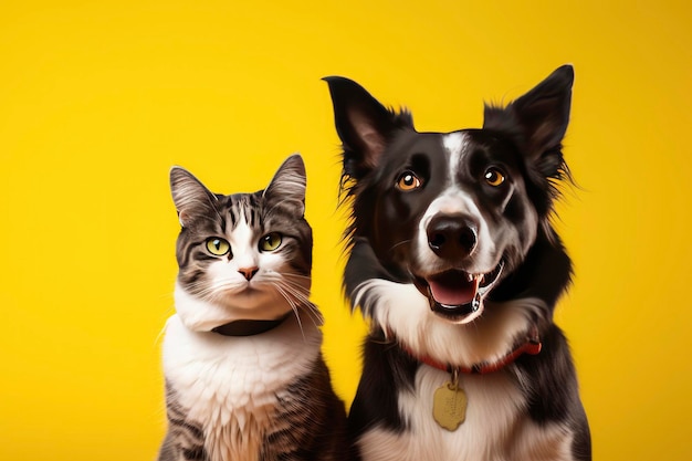 Cat and dog together with happy expressions on yellow background
