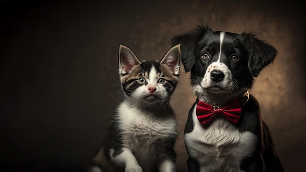 A cat and dog wearing a bow tie