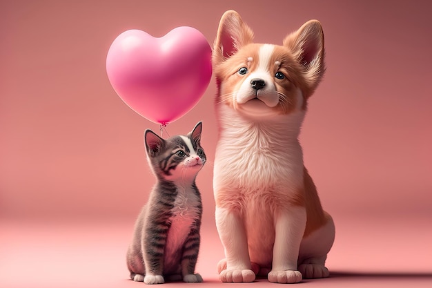 Photo a cat and a dog with a heart shaped balloon