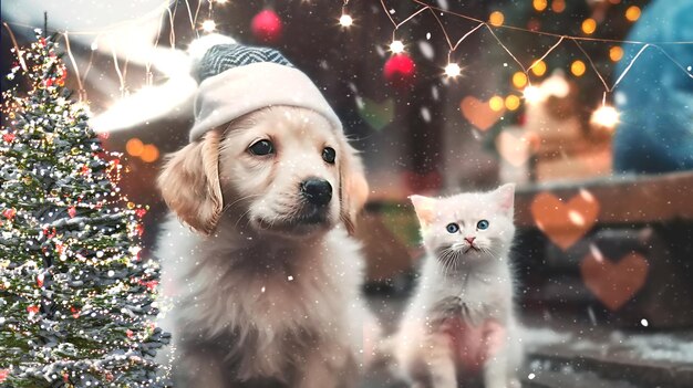 赤いサンタクロースの帽子を着た猫と子犬と子猫が緑のクリスマスツリーに飾られている