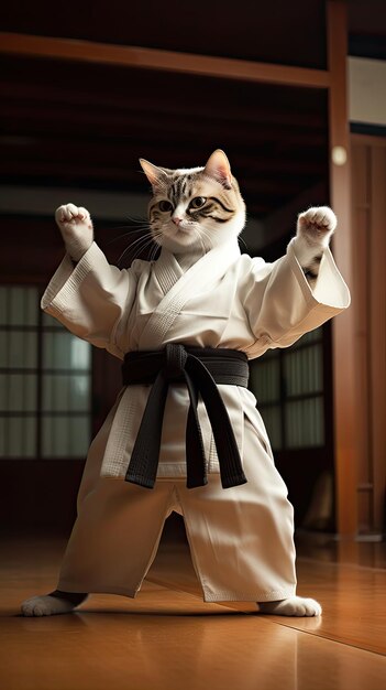 Photo cat doing karate in a dojo generative ai