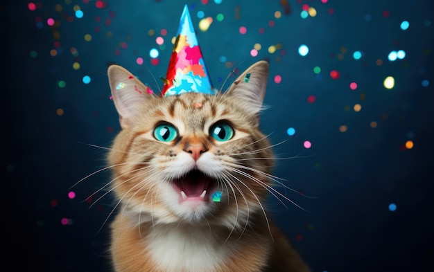 祝賀のためにパーティー帽子をかぶった猫
