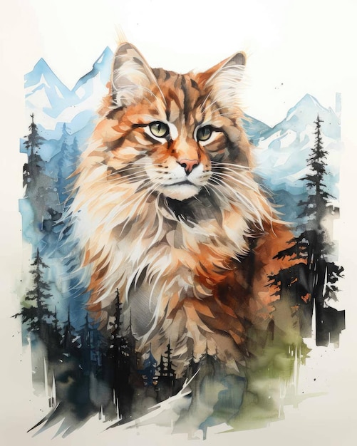 Cat Double exposure of a Cat and nature mountains trees in watercolor art