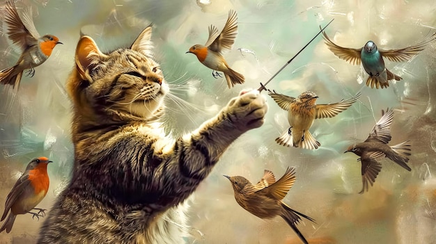 Cat dreaming of bird conductor fantasy